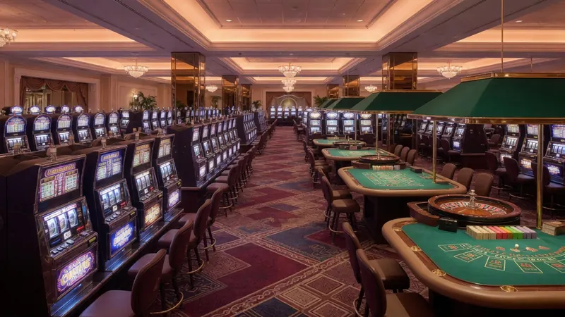 A spacious casino gaming floor featuring rows of illuminated slot machines lining the left side.