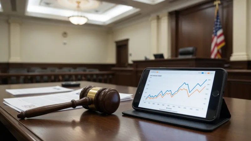 A wooden gavel rests on a courtroom desk beside papers and a smartphone displaying a line graph.