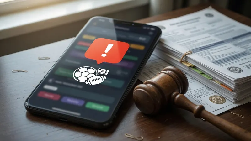 A smartphone on a wooden desk displays a sports betting app interface with a red warning icon.
