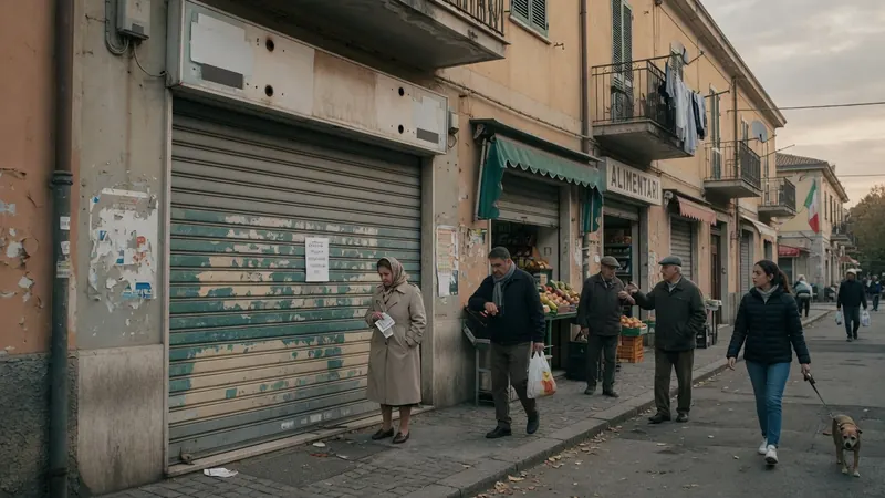 A street scene in an Italian town with people walking past closed shops and a fruit stand, including a woman with a dog and men conversing.