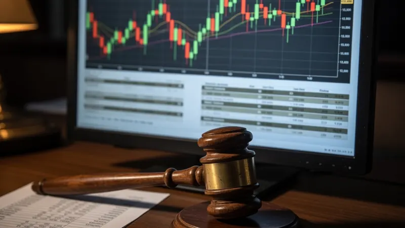 A wooden gavel rests on a desk in front of a computer monitor displaying financial charts with candlestick graphs and data tables.