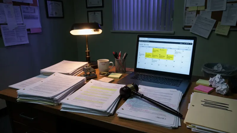 A cluttered wooden desk in a dimly lit office features a laptop displaying a March 2017 calendar, stacks of legal documents.