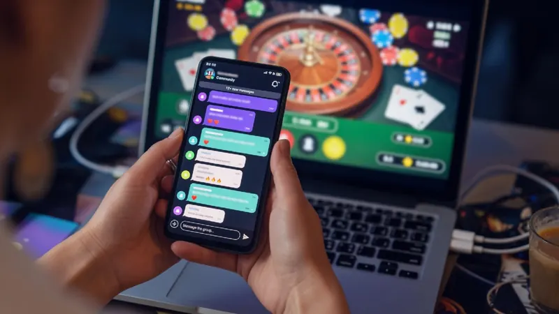 Person holding a smartphone displaying a group chat interface in front of a laptop screen showing an online roulette casino game.