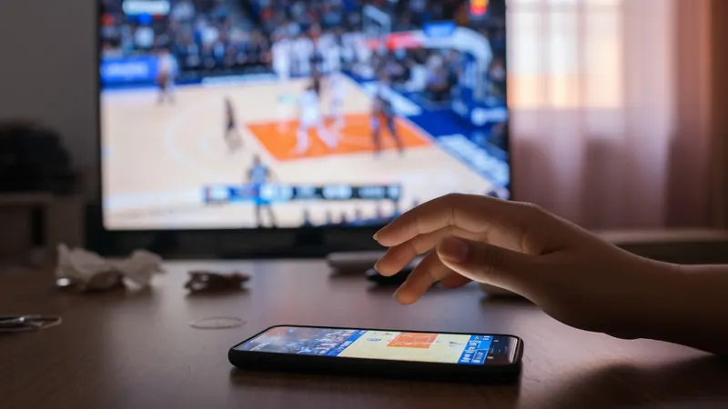 A human hand reaching towards a smartphone on a wooden table, with a television in the background displaying a live basketball game.