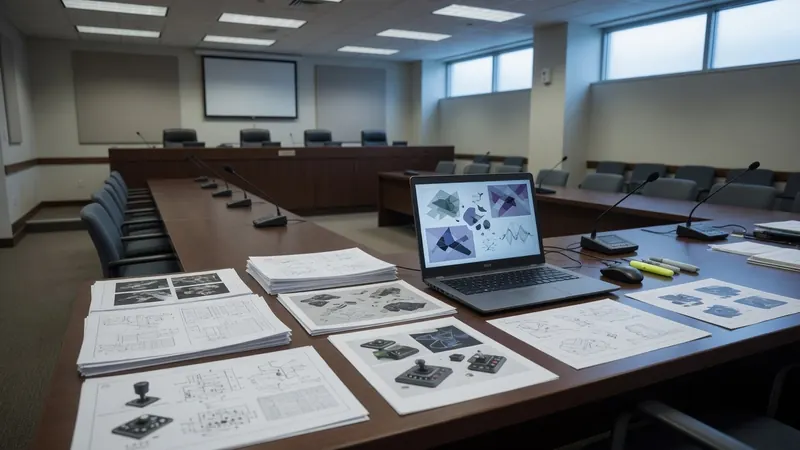 A conference room with a long wooden table covered in technical documents, blueprints, and a laptop displaying abstract geometric diagrams.