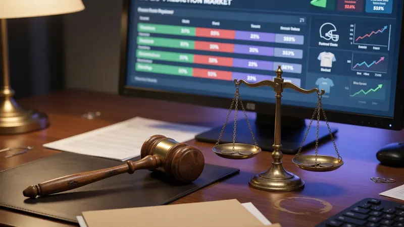 A wooden gavel rests on a black pad beside brass scales of justice on a desk.